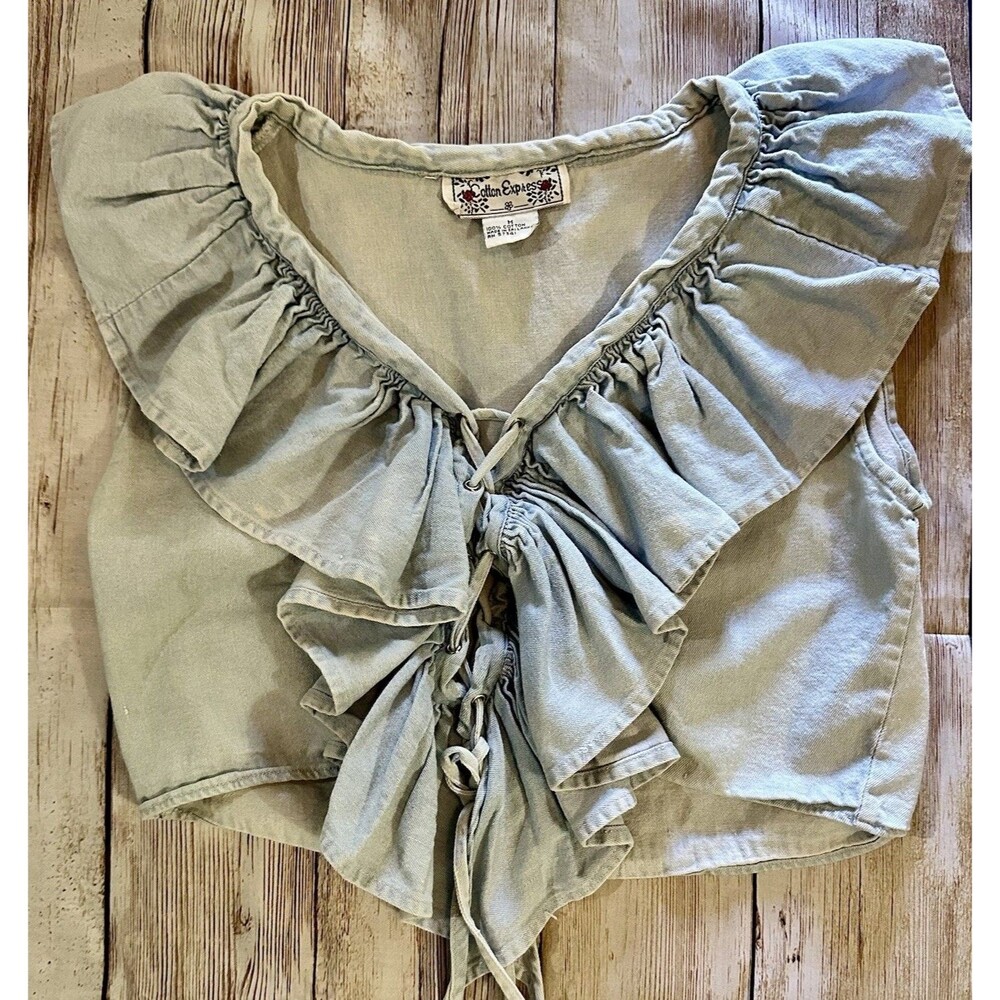 Cotton Express Chambray Denim Ruffle Crop Top Lace Up Blue Boho Festival M
